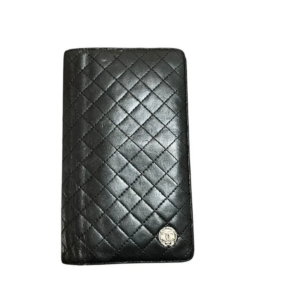 Black pink Chanel lamb skin long quilted bifold wallet card holder